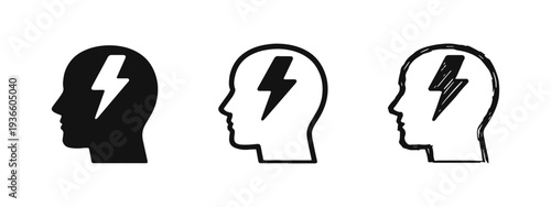 Idea and Energy Icon Set: Human Head with Lightning Bolt for Creativity and Brainstorming