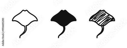 Stingray icons in outline, solid, and hand-drawn styles, representing marine life and ocean creatures.