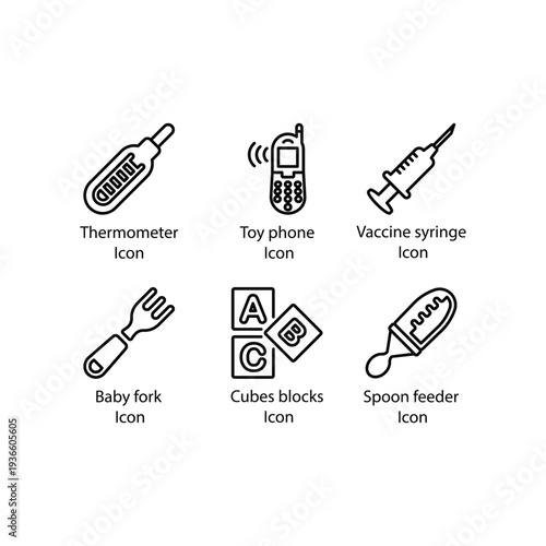 Thermometer, Toy phone, Vaccine syringe, Baby fork, Cubes blocks, Spoon feeder, icon