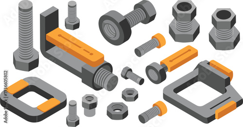 Mechanical fasteners and clamps isometric vector set, bolts nuts brackets metal hardware components industrial engineering parts illustration