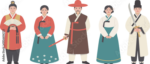 Traditional Korean hanbok vector collection with people wearing various colorful ethnic clothing and holding cultural accessories