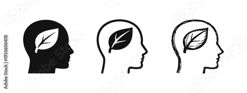 Eco-Friendly Mind Icon Set: Human Head with Leaf Symbolizing Nature, Growth, and Sustainability