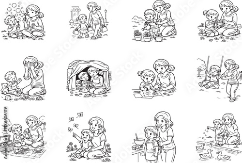 Mother’s Day coloring book pages showing loving mom and children moments including hugs cooking care and family bonding line art illustrations