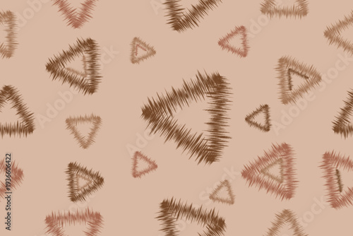 Geometric triangle ikat seamless pattern in warm earth tone colors. Woven style motif ideal for upholstery fabric, wallpaper, neutral interior decor, boho design, and textile printing.
