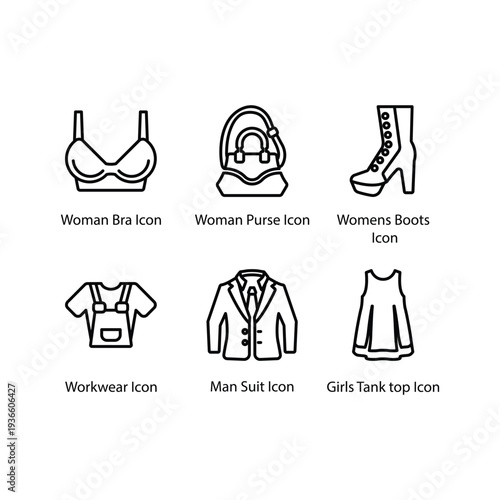 Woman Bra, Woman Purse, Women’s Boots, Workwear, Man Suit, tank top, icon