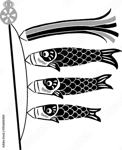 切り絵・手ぬぐい風のモノクロの鯉のぼりのイラスト