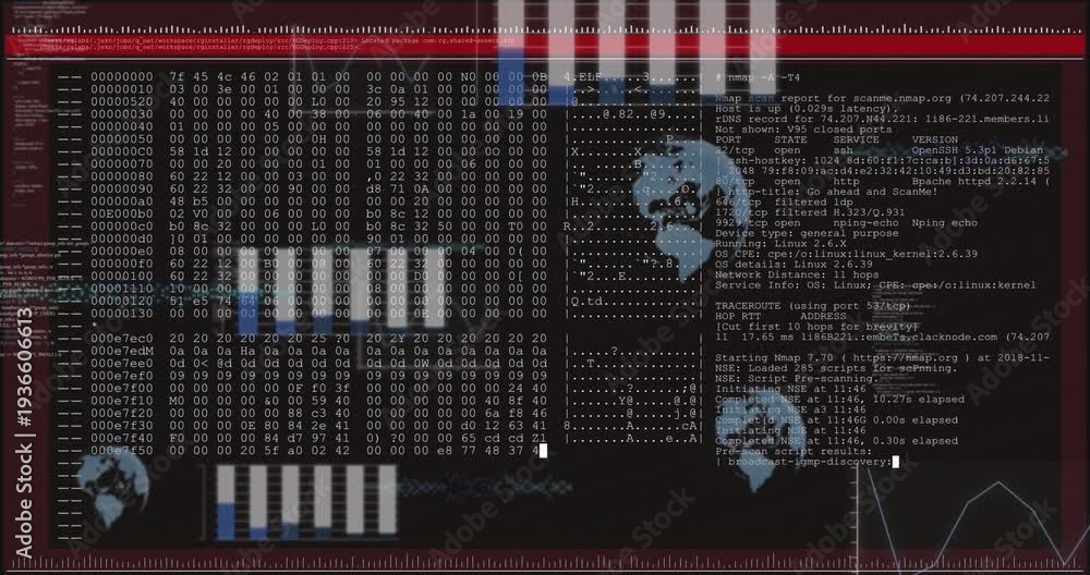 Black frame revealing dark terminal UI, hex dump filling, terminal ...