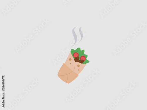 A minimalist flat illustration of a steaming hot kebab wrap filled with grilled meat