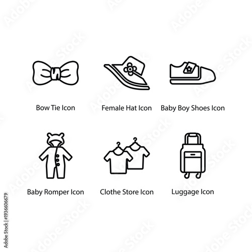 Bow Tie, Female Hat, Boy Shoes, Baby Romper, Clothe Store, Luggage, icon