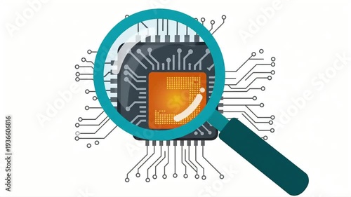 Magnifying Glass Over Microchip Examining Technology and Circuits.