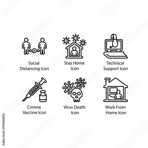 Social Distancing, Stay Home, Technical Support, Corona Vaccine, Virus Death, Work From Home, icon