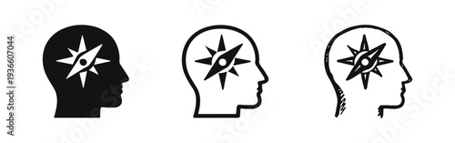 Mind Guidance Compass Icon Set - Human Head Profile with Inner Direction Symbol. Purpose, Focus, and Intuition Concept.