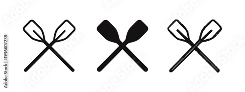 Crossed oars or paddles icon set in outline, solid, and hand-drawn styles, suitable for water sports and outdoor themes.