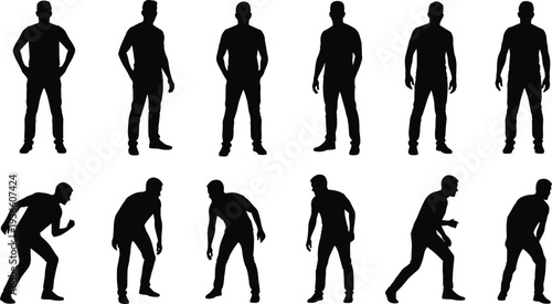 Silhouettes of men in standing and athletic poses, group of male figures isolated on white background for fashion and fitness.