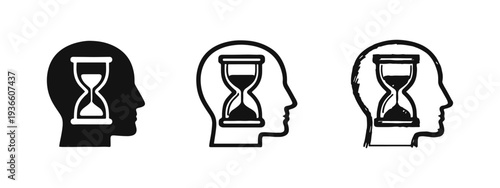 Passing Time Hourglass Mind Icon Set - Human Head Profile with Hourglass Symbol. Patience, Urgency, and Mindfulness Concept.
