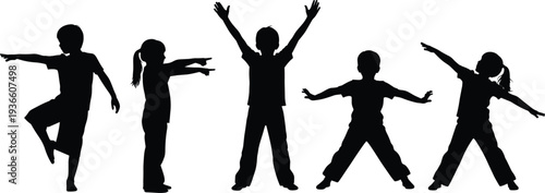 Silhouettes of happy children playing, jumping, and dancing in various poses, representing childhood joy, active youth, freedom, and elementary school energy.