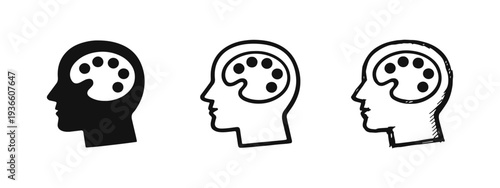 Creative Mind Palette Icon Set - Human Head Profile with Artist's Palette Symbol. Artistic Imagination and Expression Concept.