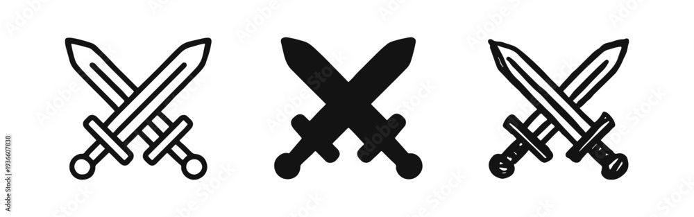 Obraz premium Crossed swords icon set in outline, solid, and hand-drawn styles, representing battle, strength, and medieval themes.