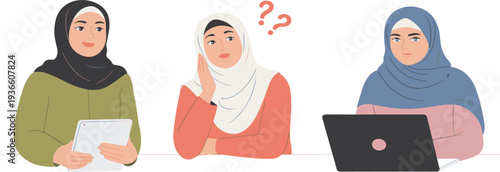 Diverse group of Muslim women wearing hijab working together with laptop and tablet in office setting