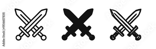 Crossed swords icon set in outline, solid, and hand-drawn styles, representing battle, strength, and medieval themes.