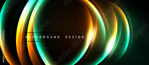 Abstract glowing lines create dynamic circular shapes. Dark background emphasizes vibrant color gradients, modern design element.