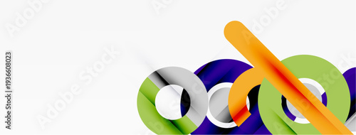 Abstract design features overlapping circles, lines. Bright colors create dynamic composition on white background. Modern, minimalist style.