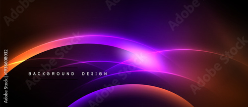 Abstract background features vibrant curves, gradients. Purple, orange hues dominate dark space. Modern design element.