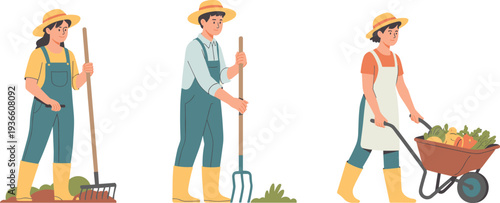 Professional gardener vector set with farmers using rake, pitchfork, and wheelbarrow for organic vegetable garden work
