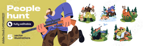 People hunt set. Shooters with rifle and dog are trekking prey in forest. Hunters with shotgun are shooting into animals, birds. Chase season. Flat isolated vector illustrations on white background