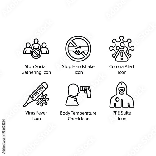 Stop Social Gathering, Stop Handshake, Corona Alert, Virus Fever, Body Temperature Check, PPE Suite, icon