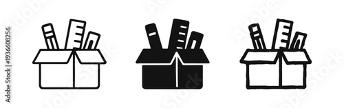 Stationery box icon set with pencils and rulers in outline, solid, and hand-drawn styles for school and office supplies.