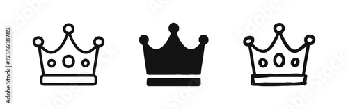 Crown icon set symbolizing royalty, leadership, and success, available in outline, solid, and hand-drawn styles.