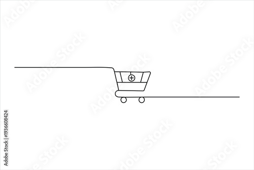 Minimalist one-line art icon of an empty shopping cart with a small "plus" symbol on the basket. Signifies "Add to cart." Simple black on white.