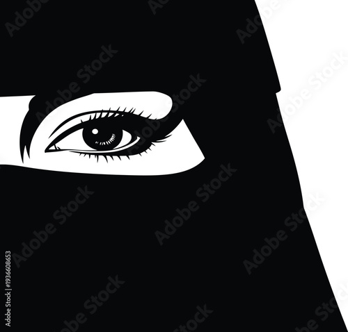 A woman's eye peeking from behind a black niqab veil