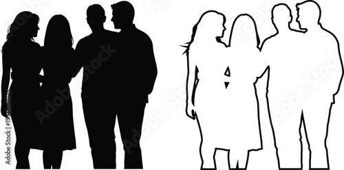 Silhouettes of four people standing in two pairs facing each other in black and white