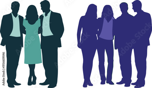 Silhouette of business people standing in groups talking to each other in formal wear