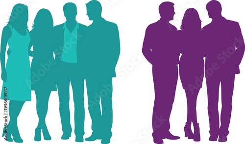 Group of people in teal and purple silhouettes standing together in pairs and groups