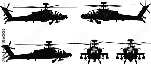 Attack helicopter silhouette set, military combat aircraft gunship aviation army helicopter weapon system rotorcraft defense vector illustration isolated collection