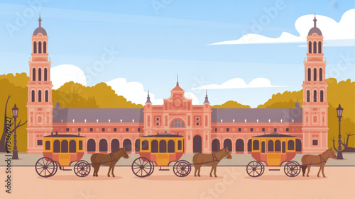 Horse drawn carriages in front of a historic spanish building with towers sunny day with blue sky and white clouds