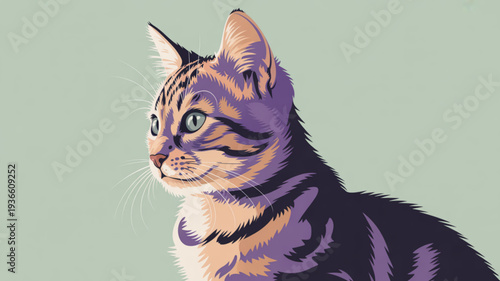 Vibrant tabby cat portrait with purple and orange fur tones on light green background