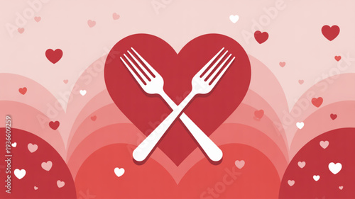 Valentine's day dinner concept with crossed fork and knife in heart shape romantic restaurant symbol