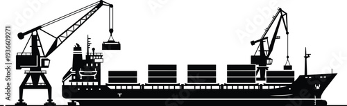 Cargo ship loading cranes silhouette, maritime shipping port logistics container transport dockyard freight vessel harbor industry vector illustration isolated