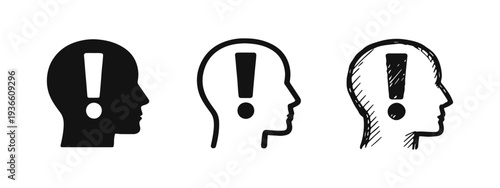 Human head with exclamation mark icon set. Idea, solution, insight, attention, and warning symbol.