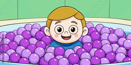 little child looking happy covered by purple balls in ball pit or pool

