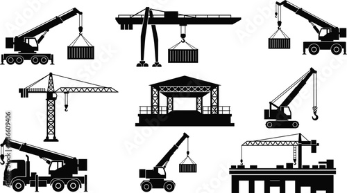 Construction crane and cargo lifting machinery silhouettes, tower crane mobile crane harbor loading equipment industrial logistics vector illustration isolated collection