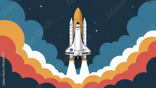 Space shuttle launching into night sky with vibrant orange and white clouds stars visible in dark blue background vector illustration