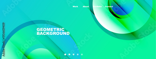 Abstract geometric background features flowing shapes, vibrant turquoise hues, white text labels work, about, portfolio, contact. Modern design.