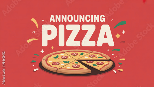 Announcing delicious pizza with toppings on a plate surrounded by colorful confetti on red background food concept