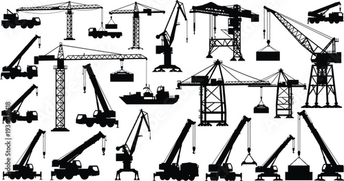 Construction and industrial crane silhouettes collection, tower crane mobile crane harbor cargo lifting machinery heavy equipment logistics vector illustration isolated set