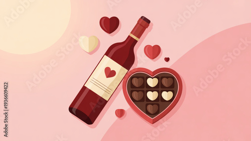 Romantic wine and chocolates gift set with heart shaped box and red wine bottle on soft pink background with floating hearts